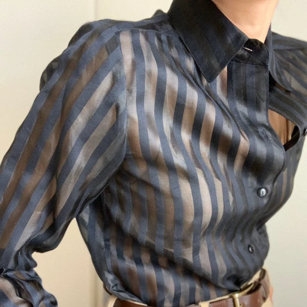 1990s Vintage ELLEN TRACY Silk Cotton Black Striped Blouse Size XS/S